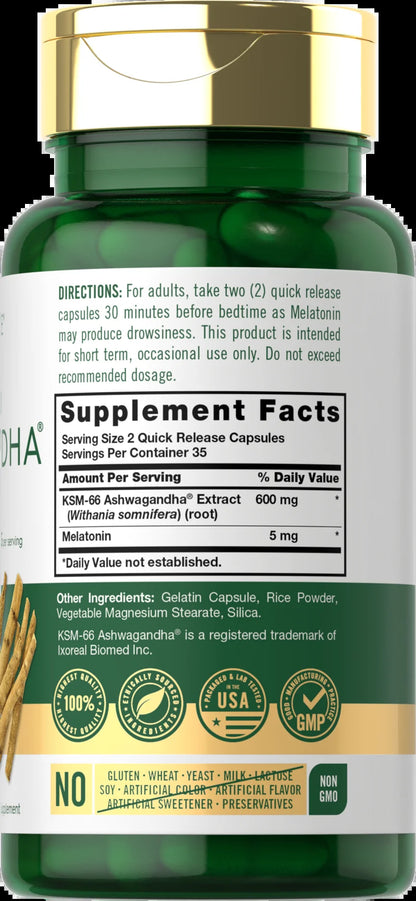 KSM-66 Ashwagandha Capsules 600Mg | 70 Count for Men and Women | with Melatonin 5Mg | by