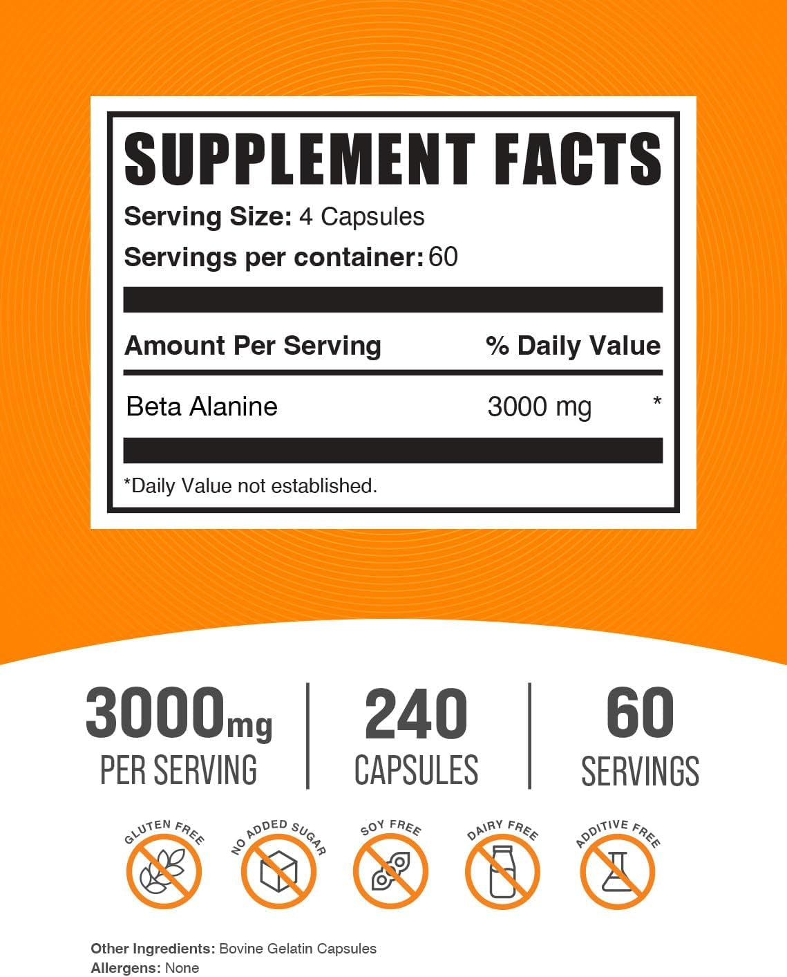 .Com Beta Alanine Capsules - Beta Alanine Supplement, Pre-Workout Supplement - Gluten Free, 4 Capsules per Serving, (3000Mg), 240 Count (Pack of 1)