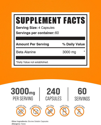 .Com Beta Alanine Capsules - Beta Alanine Supplement, Pre-Workout Supplement - Gluten Free, 4 Capsules per Serving, (3000Mg), 240 Count (Pack of 1)