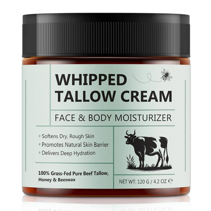 Beef Tallow for Skin, Beef Tallow Moisturizer, 4.2 Oz Organic Whipped Grass Fed Beef Tallow with Honey Cream for Face & Body, Unscented