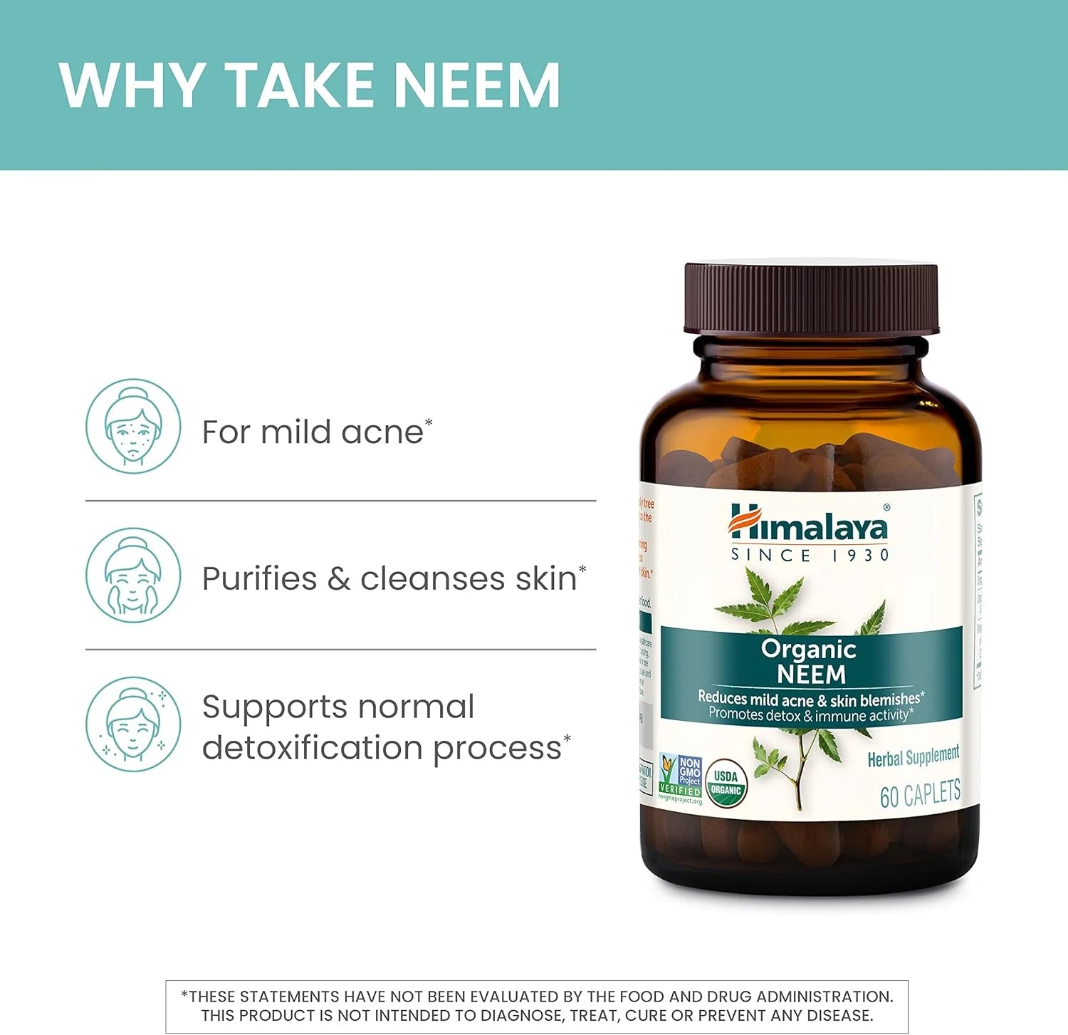 Organic Neem Herbal Skin Supplement, Mild Acne Supplement, Clear Skin, Purifying, 60 Plant-Based Caplets