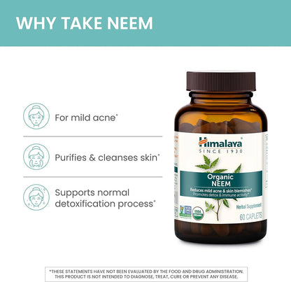 Organic Neem Herbal Skin Supplement, Mild Acne Supplement, Clear Skin, Purifying, 60 Plant-Based Caplets