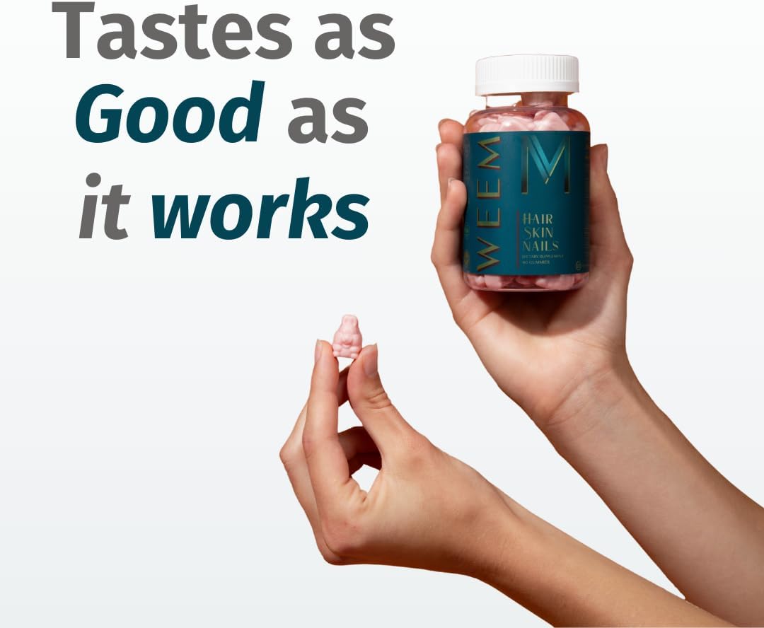 Gomitas para cabello, piel y uñas WEEM - Favorece la salud del cabello - Vitaminas veganas con biotina para mujeres y hombres que favorecen un crecimiento más rápido del cabello, uñas más fuertes, piel saludable, extra fuerte (1)