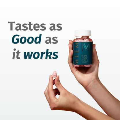 Gomitas para cabello, piel y uñas WEEM - Favorece la salud del cabello - Vitaminas veganas con biotina para mujeres y hombres que favorecen un crecimiento más rápido del cabello, uñas más fuertes, piel saludable, extra fuerte (1)