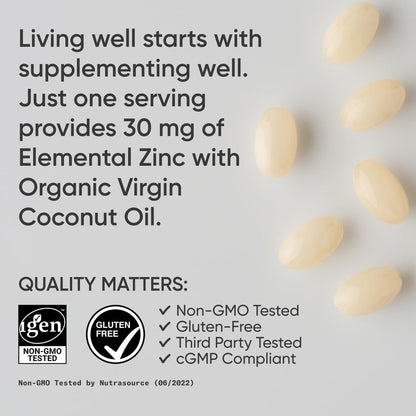 High Potency Zinc Picolinate 30Mg with Organic Coconut Oil | Highly Absorbable Zinc Supplement for Healthy Immune & Enzyme Function - Non-Gmo Tested & Gluten-Free (180 Liquid Softgels)