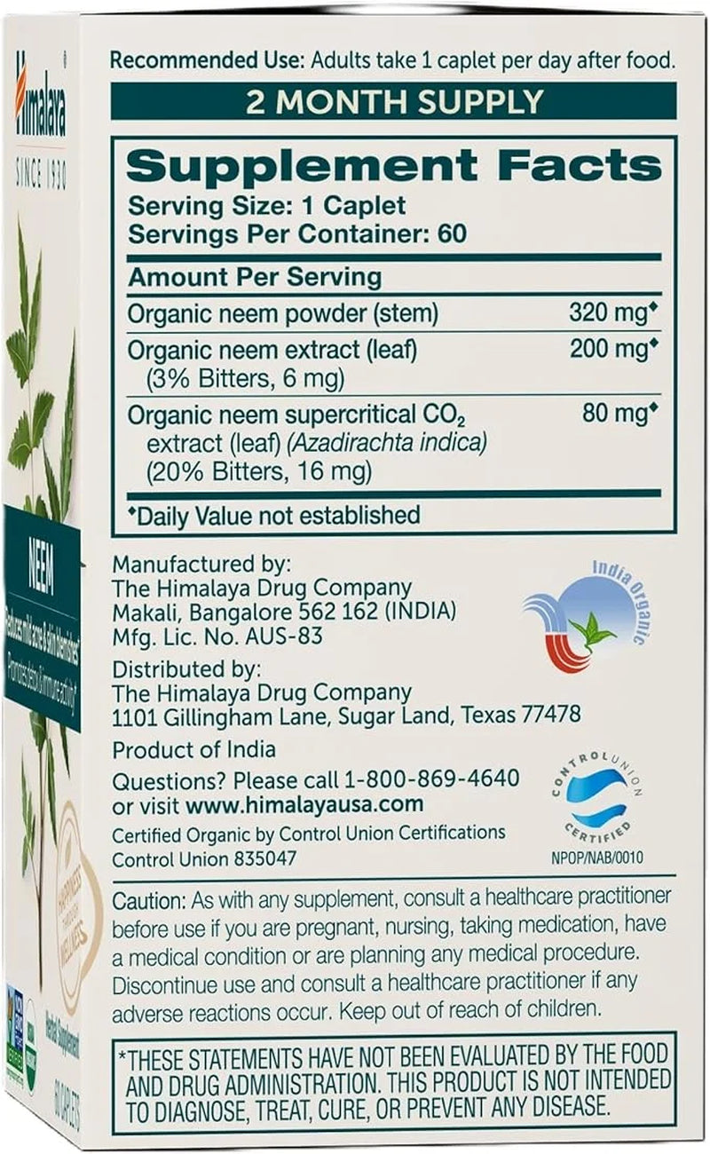 Organic Neem Herbal Skin Supplement, Mild Acne Supplement, Clear Skin, Purifying, 60 Plant-Based Caplets