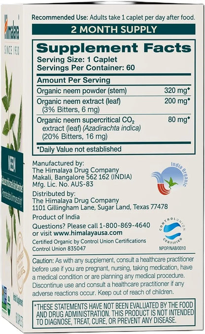 Organic Neem Herbal Skin Supplement, Mild Acne Supplement, Clear Skin, Purifying, 60 Plant-Based Caplets