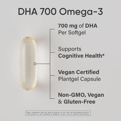 ® Vegan DHA 700Mg - Cognitive Support, Brain Support, Supplement with Omega-3 DHA from Algae Oil - Vegan Certified · Non-Gmo · Gluten Free - 90 Count Softgels