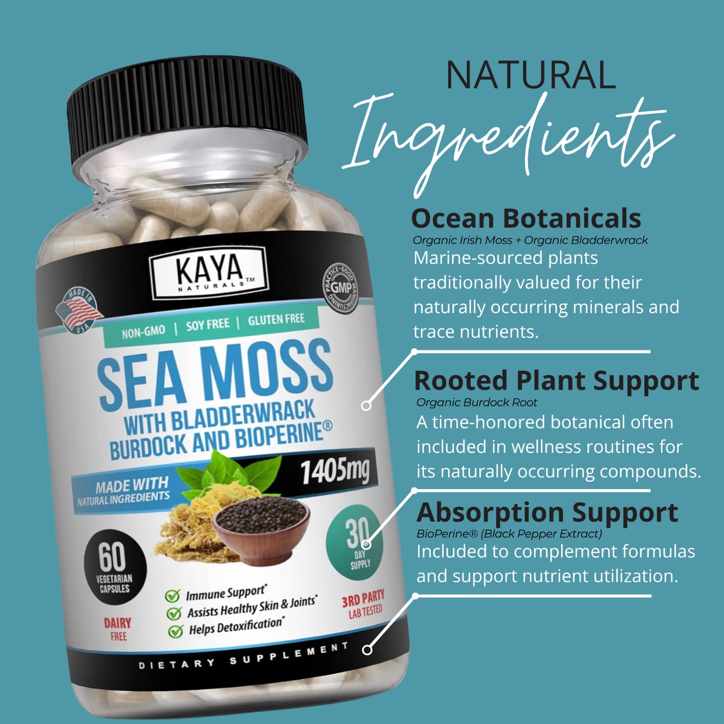 Irish Sea Moss 60Ct, Burdock Root, Bladderwrack Powder, Immune & Thyroid Care