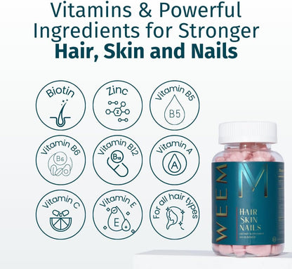 Gomitas para cabello, piel y uñas WEEM - Favorece la salud del cabello - Vitaminas veganas con biotina para mujeres y hombres que favorecen un crecimiento más rápido del cabello, uñas más fuertes, piel saludable, extra fuerte (1)