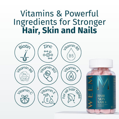Gomitas para cabello, piel y uñas WEEM - Favorece la salud del cabello - Vitaminas veganas con biotina para mujeres y hombres que favorecen un crecimiento más rápido del cabello, uñas más fuertes, piel saludable, extra fuerte (1)