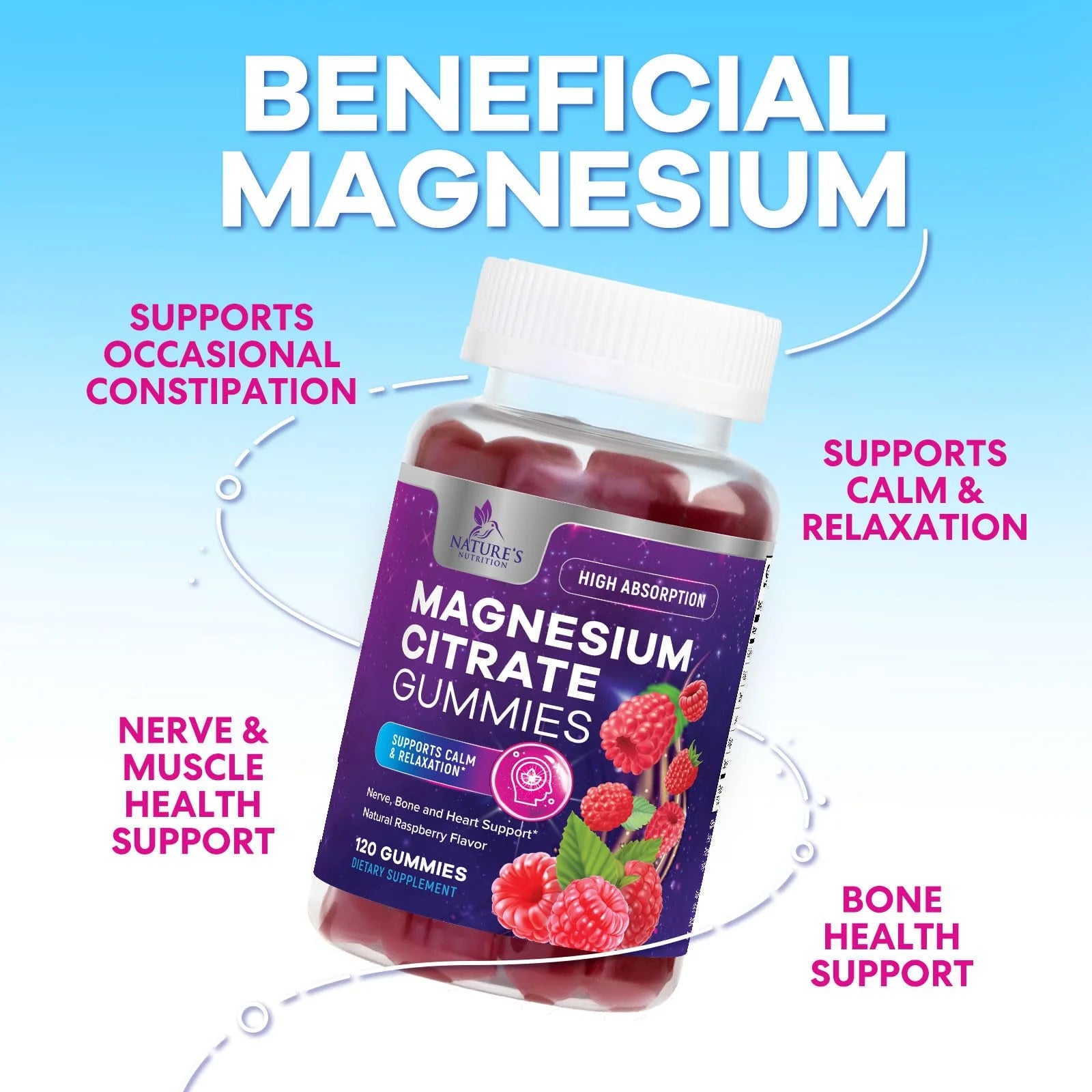 Magnesium Citrate Gummies - High Absorption Magnesium Citrate Gummy Supplement - Natural Bone, Nerve, Muscle, Calm, & Relaxation Support for Adults - Raspberry Flavor, Gluten Free, Vegan, 120 Gummies