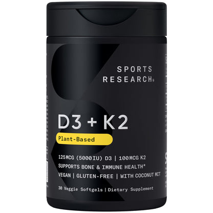 Sports Research® Vitamina D3 + K2 vegana con aceite de coco, 60 Plantgels™