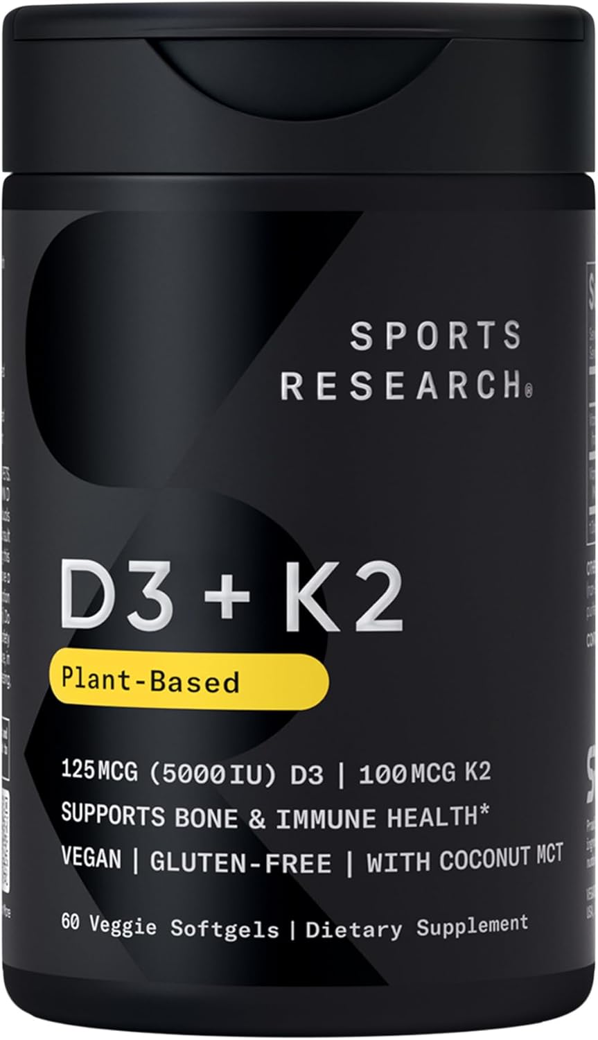 Sports Research® Vitamina D3 + K2 vegana con aceite de coco, 60 Plantgels™