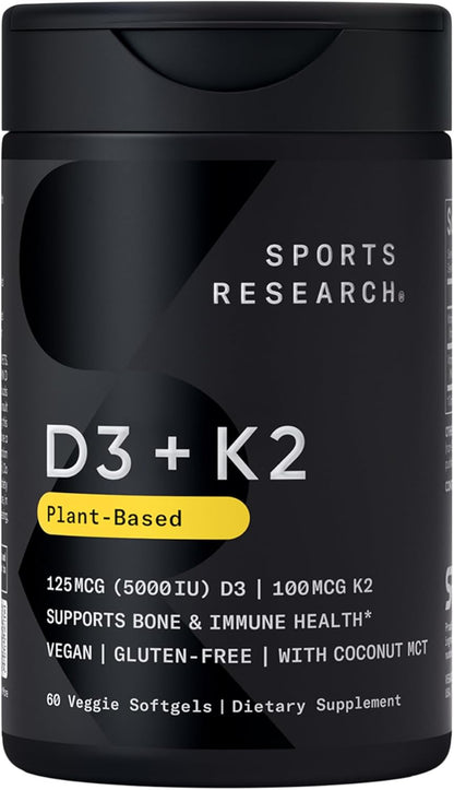 Sports Research® Vitamina D3 + K2 vegana con aceite de coco, 60 Plantgels™
