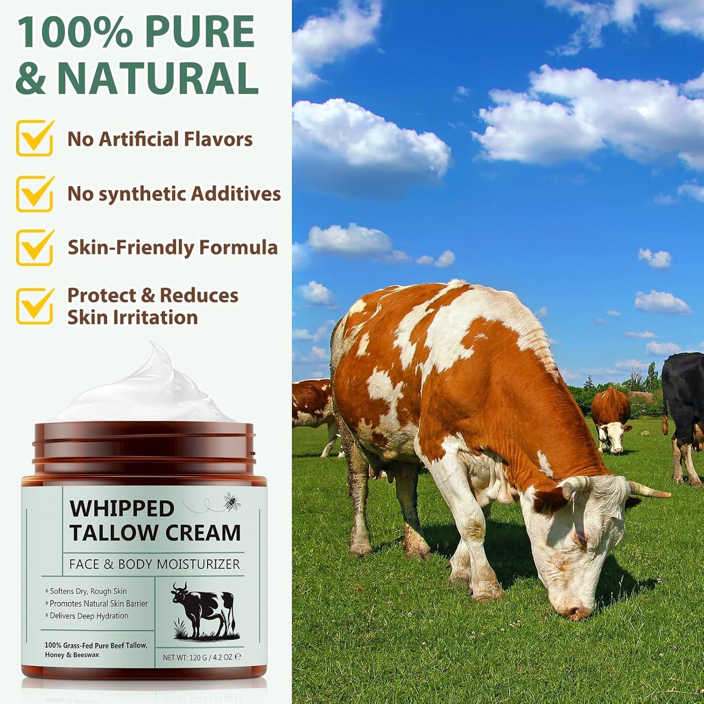 Beef Tallow for Skin, Beef Tallow Moisturizer, 4.2 Oz Organic Whipped Grass Fed Beef Tallow with Honey Cream for Face & Body, Unscented