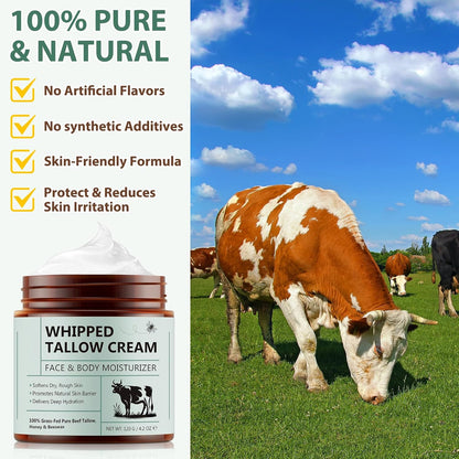 Beef Tallow for Skin, Beef Tallow Moisturizer, 4.2 Oz Organic Whipped Grass Fed Beef Tallow with Honey Cream for Face & Body, Unscented