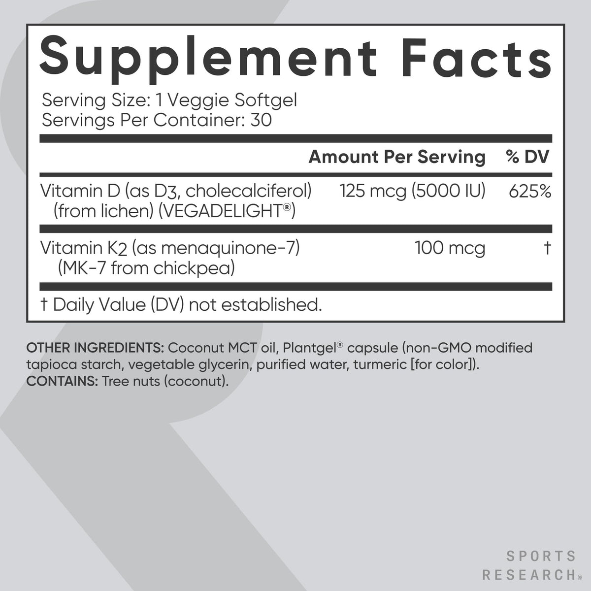 Sports Research® Vitamina D3 + K2 vegana con aceite de coco, 60 Plantgels™
