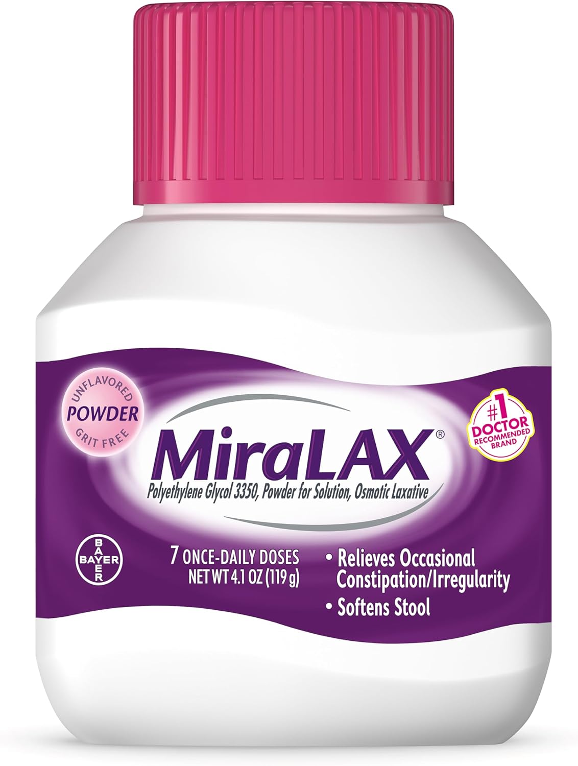 MiraLAX Polvo laxante, Alivio suave del estreñimiento para adultos, Ablandador de heces con PEG 3350, Laxante no estimulante, Sin efectos secundarios fuertes, Laxante osmótico, 7 dosis