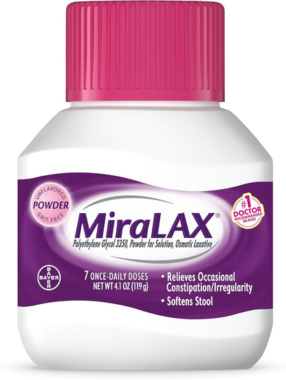 MiraLAX Polvo laxante, Alivio suave del estreñimiento para adultos, Ablandador de heces con PEG 3350, Laxante no estimulante, Sin efectos secundarios fuertes, Laxante osmótico, 7 dosis