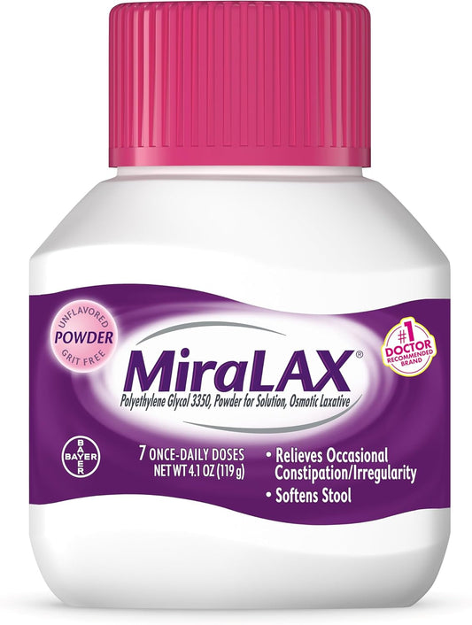 MiraLAX Laxative Powder, Gentle Constipation Relief For Adults, Stool Softener With Peg 3350, Nonstimulant Laxative, No Harsh Side Effects, Osmotic Laxative, 7 Dose
