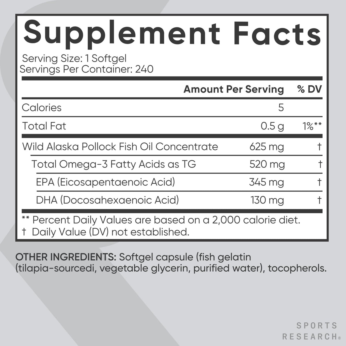Sports Research® Aceite de Pescado Omega-3 1250mg de Abadejo Salvaje de Alaska, 30 Cápsulas