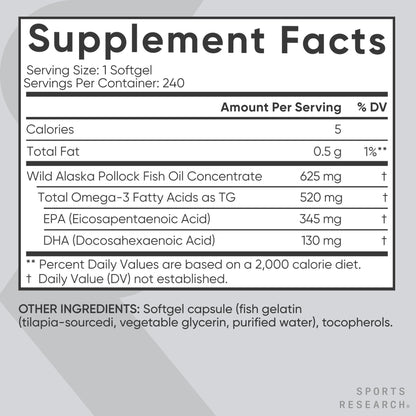 Sports Research® Aceite de Pescado Omega-3 1250mg de Abadejo Salvaje de Alaska, 30 Cápsulas