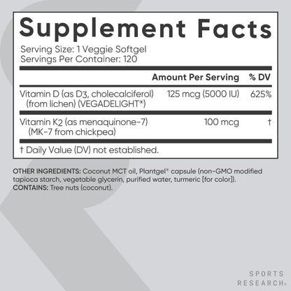 Sports Research® Vitamina D3 + K2 vegana con aceite de coco, 60 Plantgels™