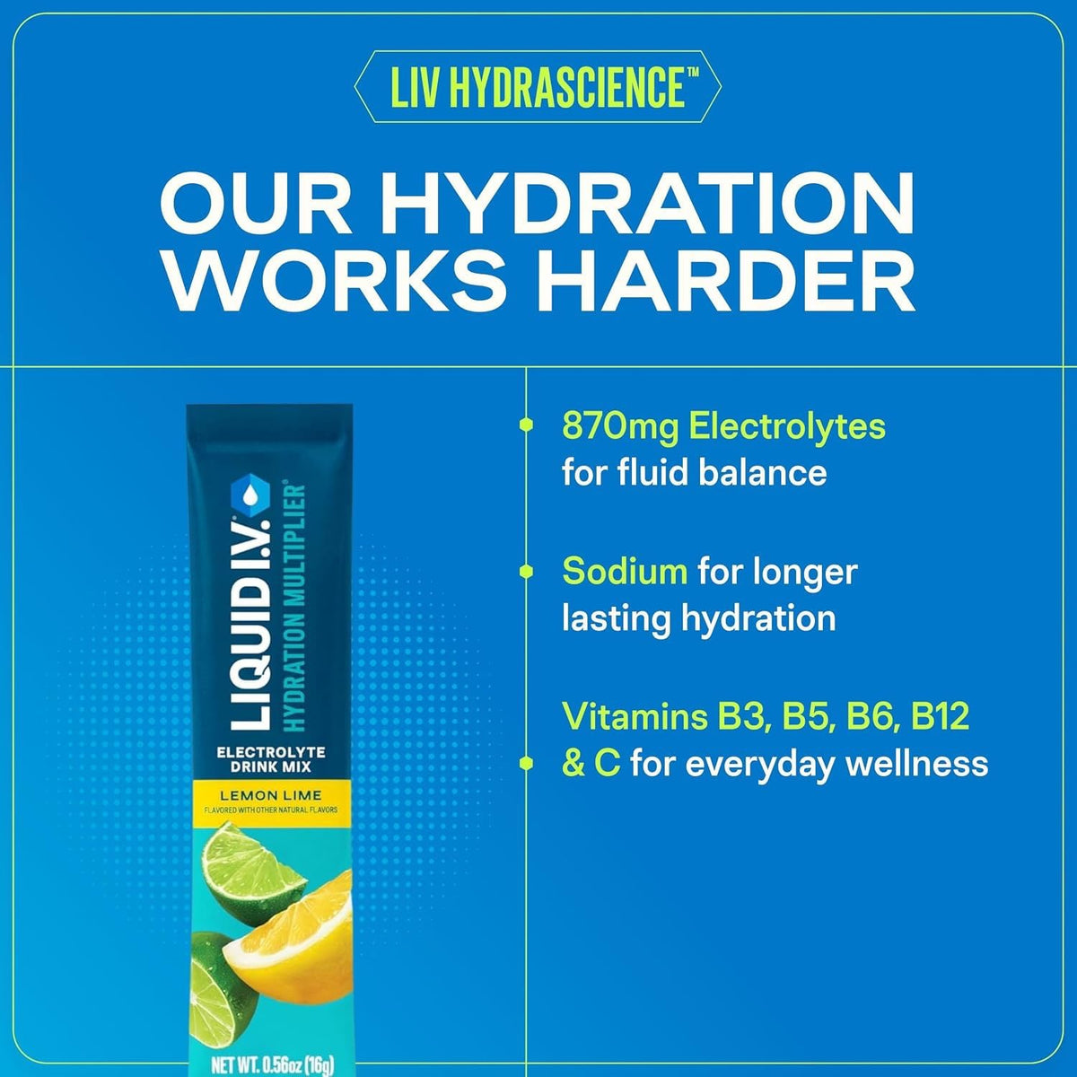 Liquid I.V. Electrolitos para la hidratación, Limón-Lima, 16 unidades