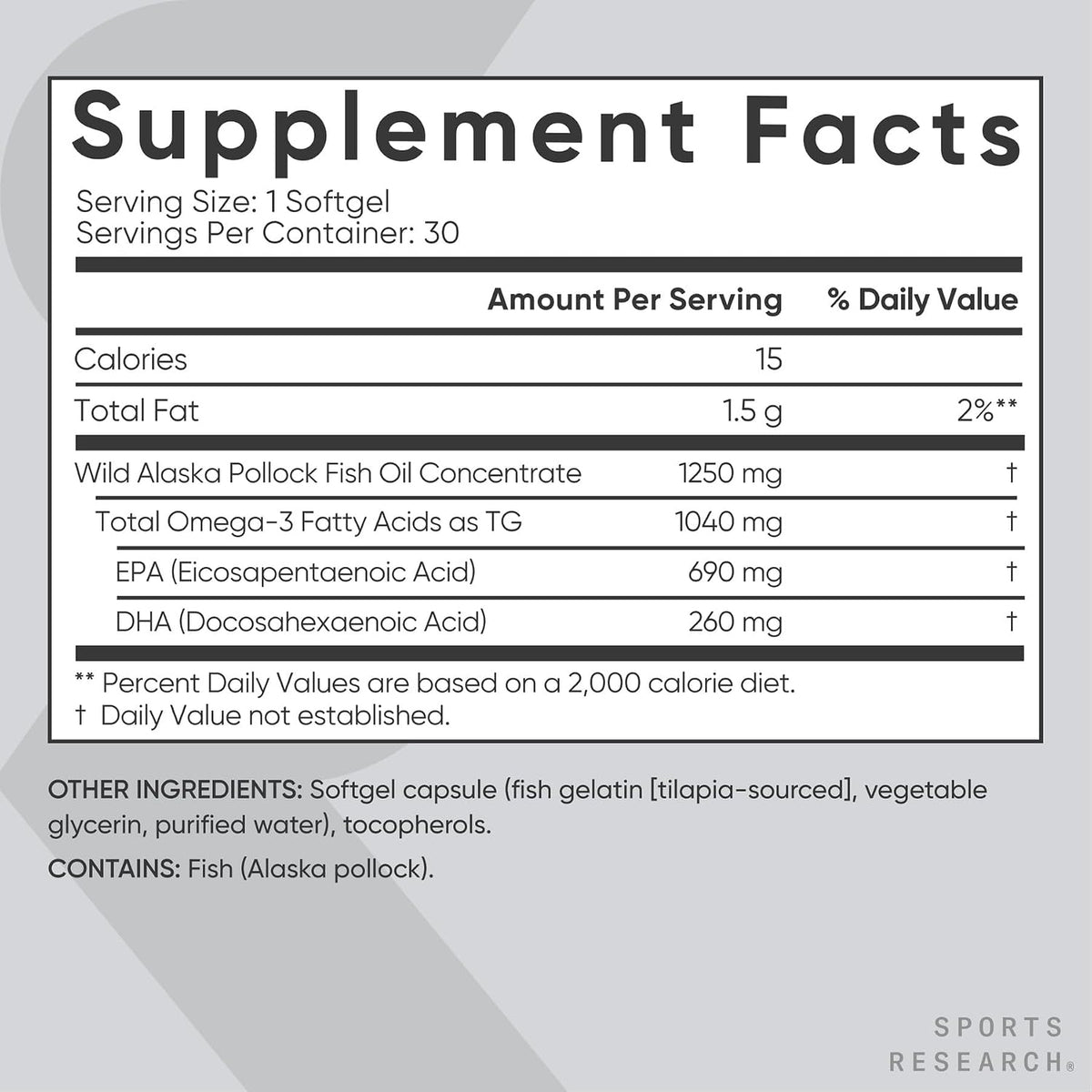 Sports Research® Aceite de Pescado Omega-3 1250mg de Abadejo Salvaje de Alaska, 30 Cápsulas