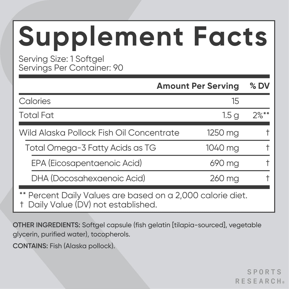 Sports Research® Aceite de Pescado Omega-3 1250mg de Abadejo Salvaje de Alaska, 30 Cápsulas