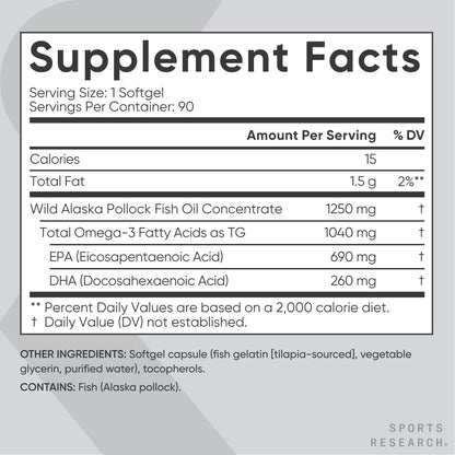 Sports Research® Aceite de Pescado Omega-3 1250mg de Abadejo Salvaje de Alaska, 30 Cápsulas
