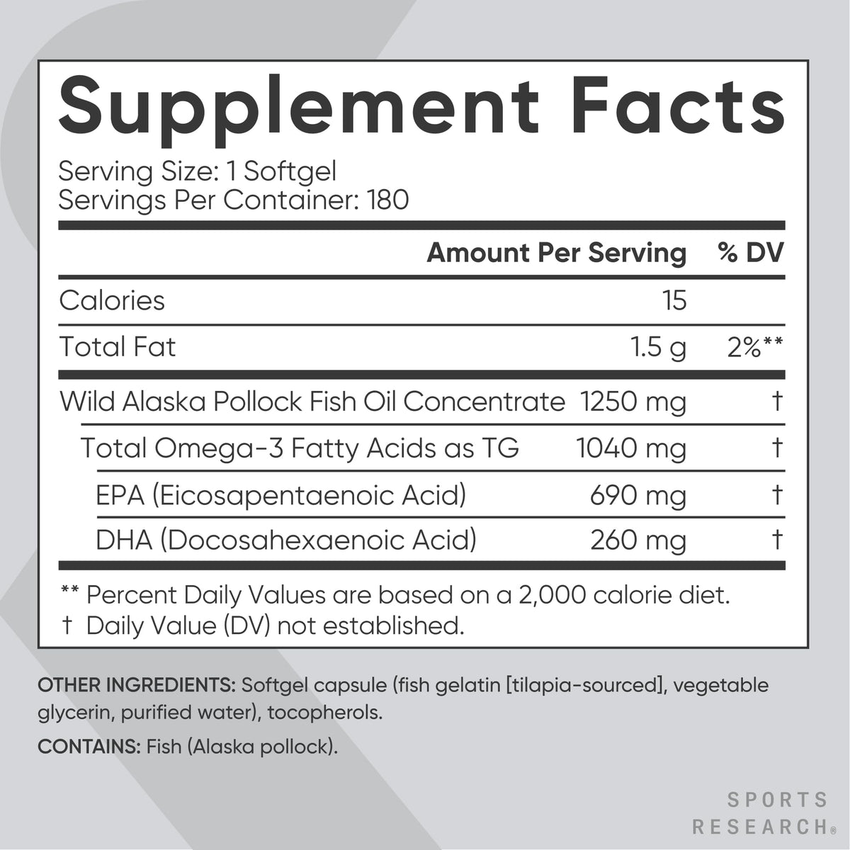 Sports Research® Aceite de Pescado Omega-3 1250mg de Abadejo Salvaje de Alaska, 30 Cápsulas