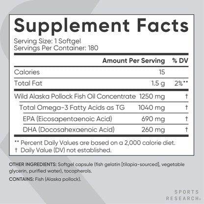 Sports Research® Aceite de Pescado Omega-3 1250mg de Abadejo Salvaje de Alaska, 30 Cápsulas