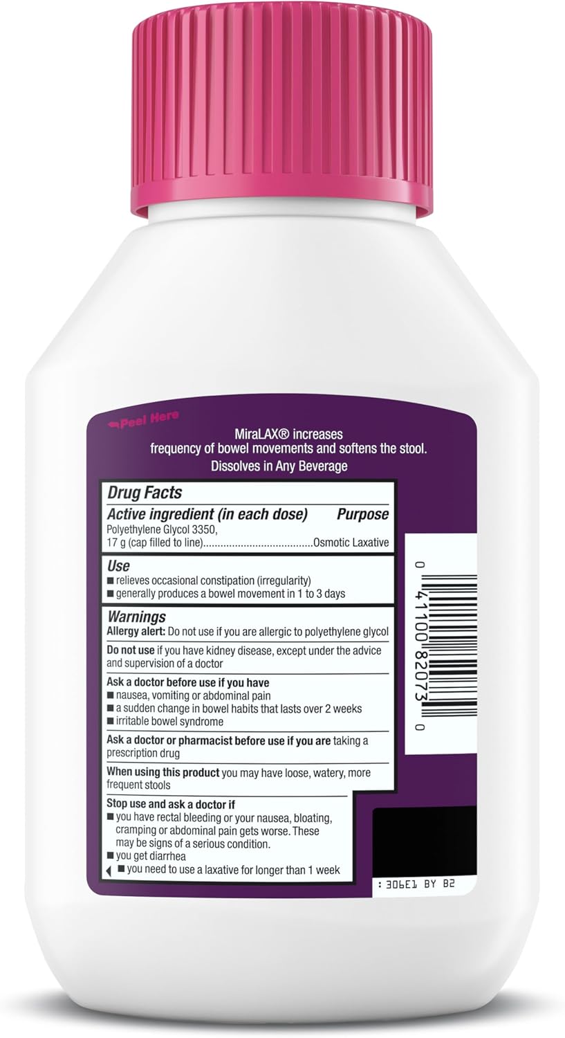 MiraLAX Polvo laxante, Alivio suave del estreñimiento para adultos, Ablandador de heces con PEG 3350, Laxante no estimulante, Sin efectos secundarios fuertes, Laxante osmótico, 7 dosis