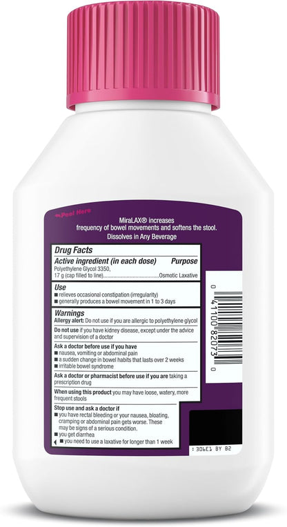 MiraLAX Polvo laxante, Alivio suave del estreñimiento para adultos, Ablandador de heces con PEG 3350, Laxante no estimulante, Sin efectos secundarios fuertes, Laxante osmótico, 7 dosis