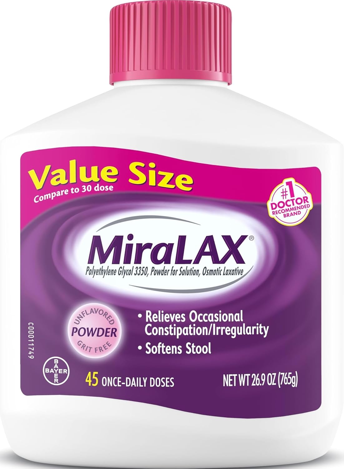 MiraLAX Polvo laxante, Alivio suave del estreñimiento para adultos, Ablandador de heces con PEG 3350, Laxante no estimulante, Sin efectos secundarios fuertes, Laxante osmótico, 7 dosis