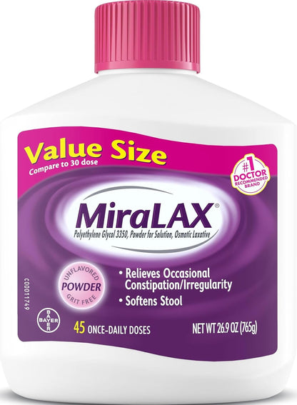 MiraLAX Polvo laxante, Alivio suave del estreñimiento para adultos, Ablandador de heces con PEG 3350, Laxante no estimulante, Sin efectos secundarios fuertes, Laxante osmótico, 7 dosis