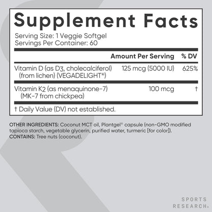 Sports Research® Vitamina D3 + K2 vegana con aceite de coco, 60 Plantgels™
