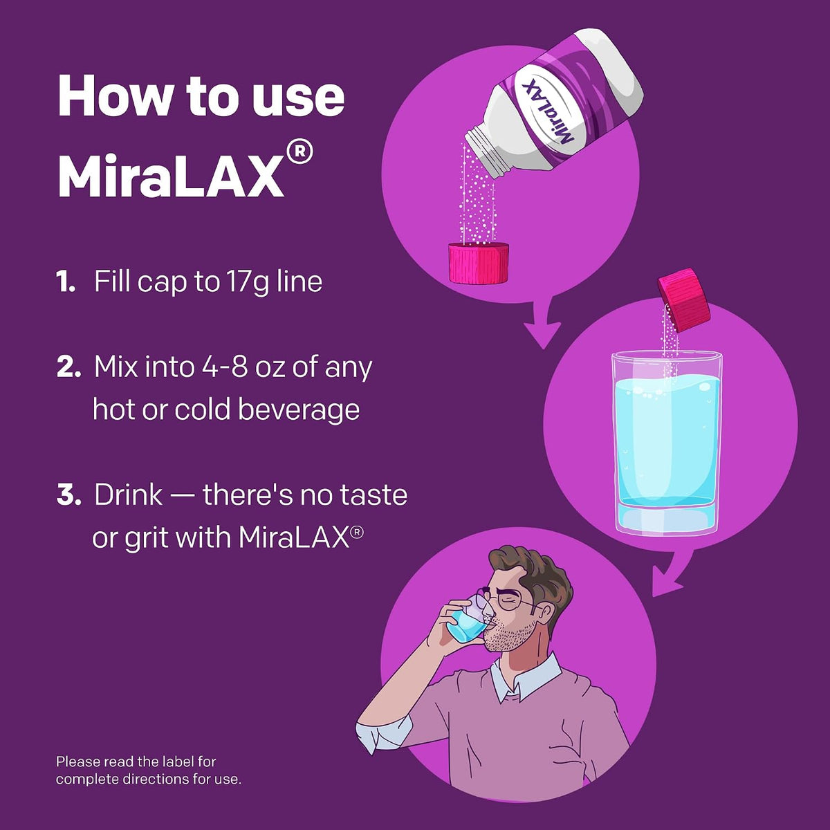MiraLAX Polvo laxante, Alivio suave del estreñimiento para adultos, Ablandador de heces con PEG 3350, Laxante no estimulante, Sin efectos secundarios fuertes, Laxante osmótico, 7 dosis