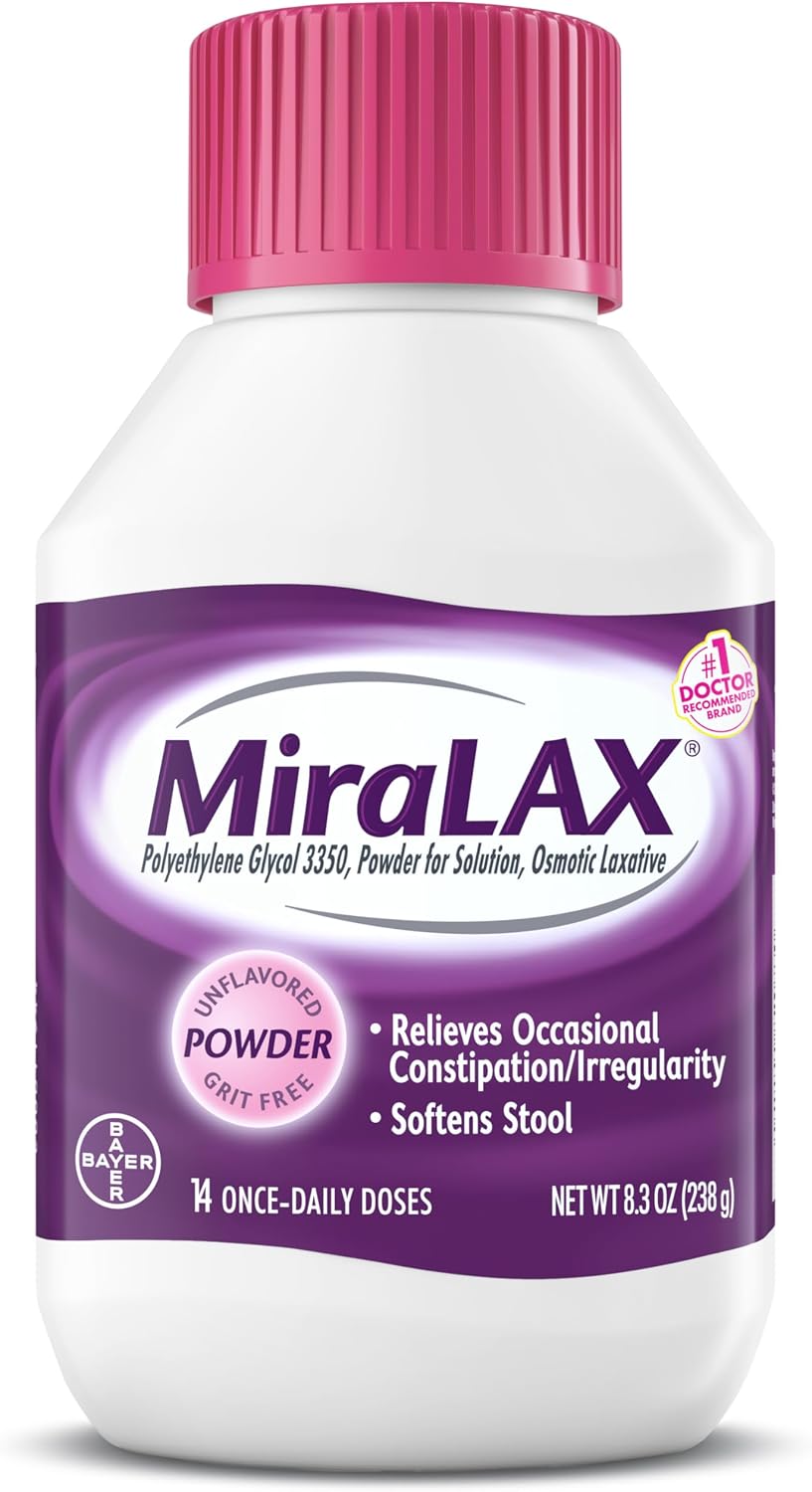 MiraLAX Polvo laxante, Alivio suave del estreñimiento para adultos, Ablandador de heces con PEG 3350, Laxante no estimulante, Sin efectos secundarios fuertes, Laxante osmótico, 7 dosis