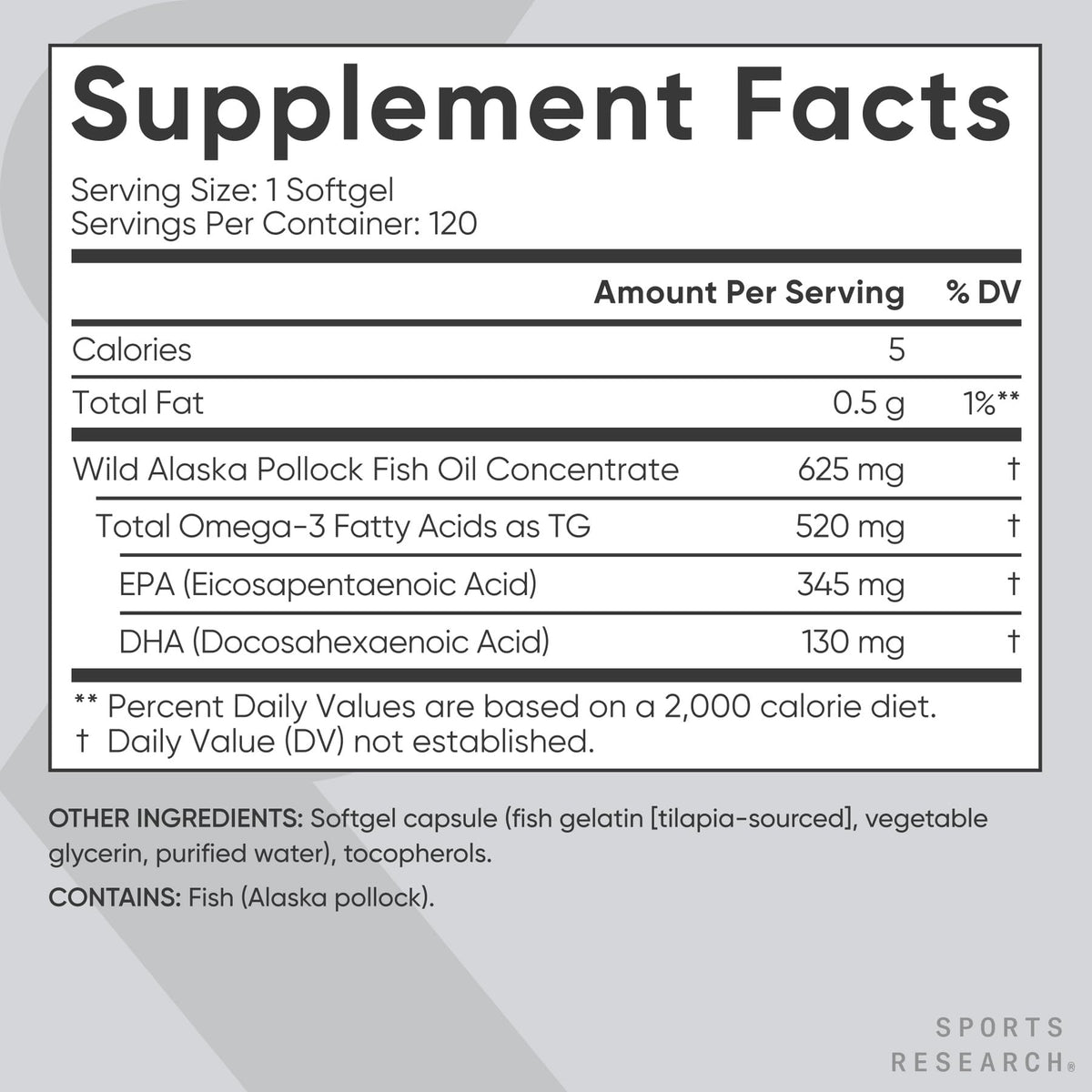 Sports Research® Aceite de Pescado Omega-3 1250mg de Abadejo Salvaje de Alaska, 30 Cápsulas
