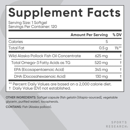 Sports Research® Aceite de Pescado Omega-3 1250mg de Abadejo Salvaje de Alaska, 30 Cápsulas