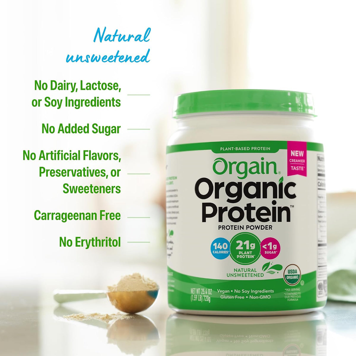 Orgain Organic Vegan 21g Protein Powder, Vanilla Bean, 2.03 lb