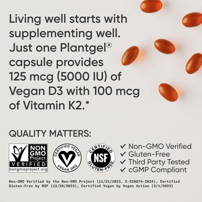 Sports Research® Vitamina D3 + K2 vegana con aceite de coco, 60 Plantgels™