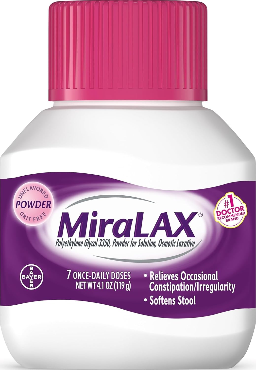 MiraLAX Polvo laxante, Alivio suave del estreñimiento para adultos, Ablandador de heces con PEG 3350, Laxante no estimulante, Sin efectos secundarios fuertes, Laxante osmótico, 7 dosis