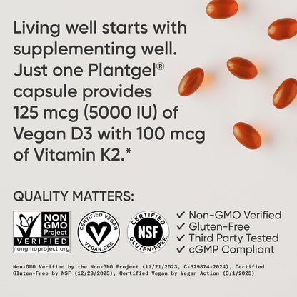 Sports Research® Vitamina D3 + K2 vegana con aceite de coco, 60 Plantgels™