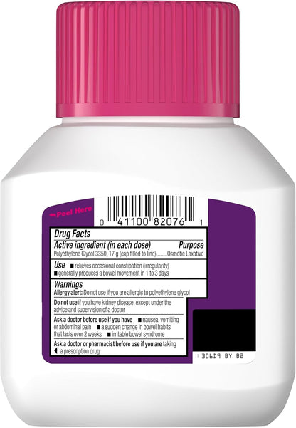 MiraLAX Polvo laxante, Alivio suave del estreñimiento para adultos, Ablandador de heces con PEG 3350, Laxante no estimulante, Sin efectos secundarios fuertes, Laxante osmótico, 7 dosis