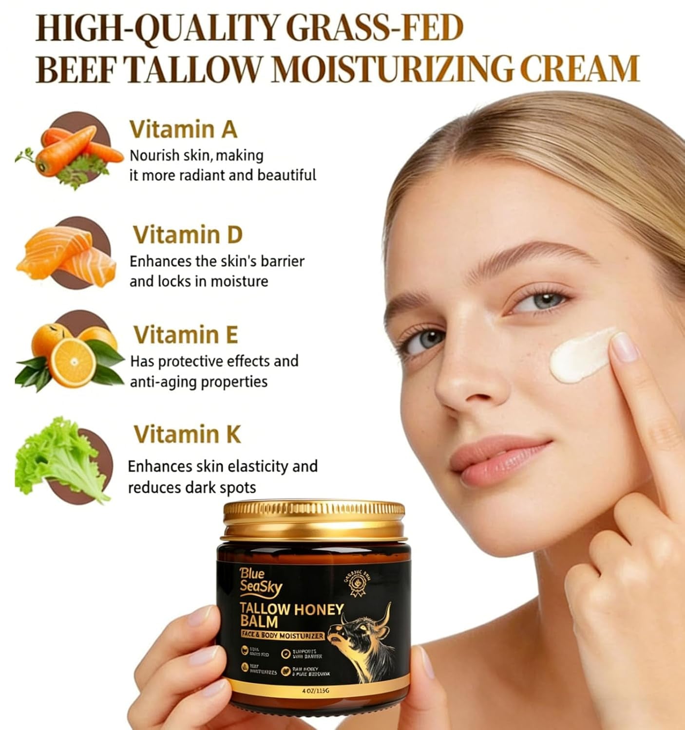 Beef Tallow for Skin 4/OZ Unscented Handmade Whipped Beef Tallow for Face Body & Moisturizer with Organic Grass-Fed Beef Tallow and Honey Balm Natural Formula for Dry Sensitive Skin (Unscented)