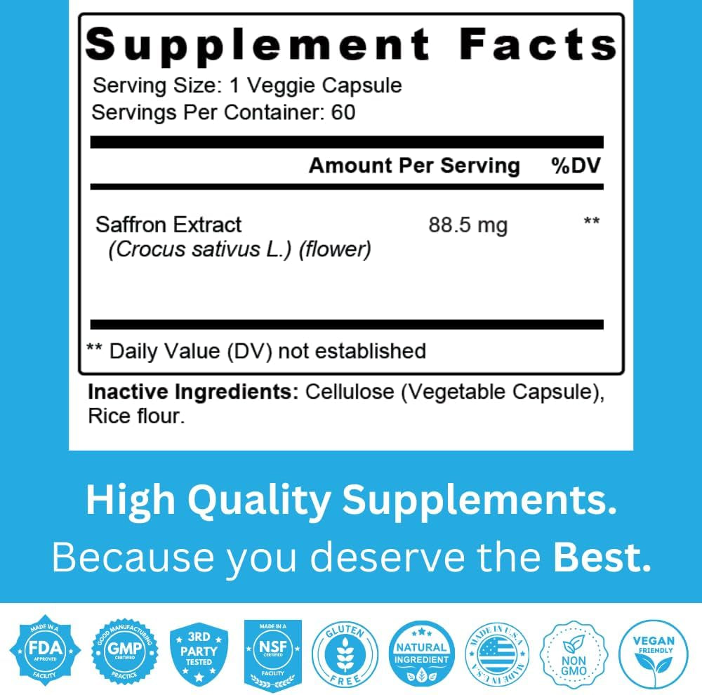Saffron Supplement 88.5 Mg – Saffron Extract Capsules – Supports Mood Balance & Emotional Wellness – 60 Veggie Capsules –